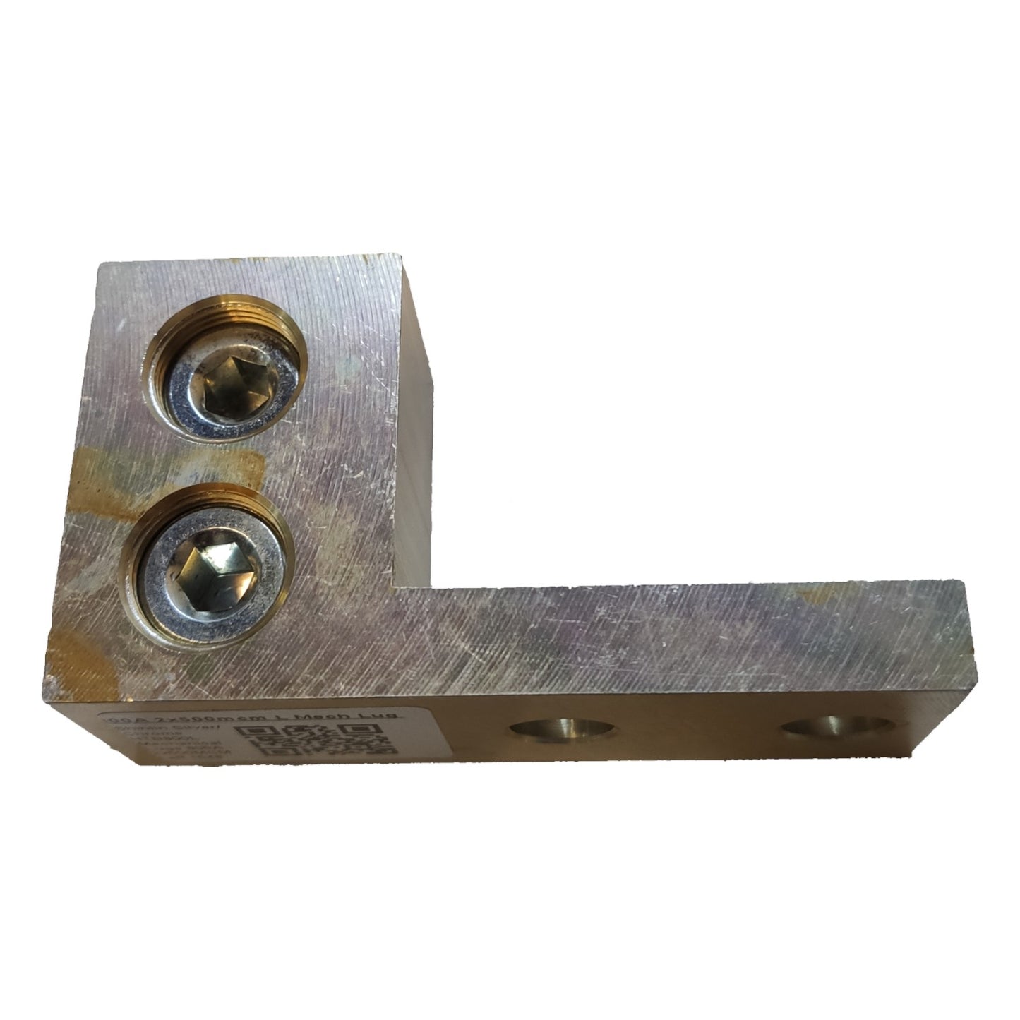 Metal component with threaded holes on a white background