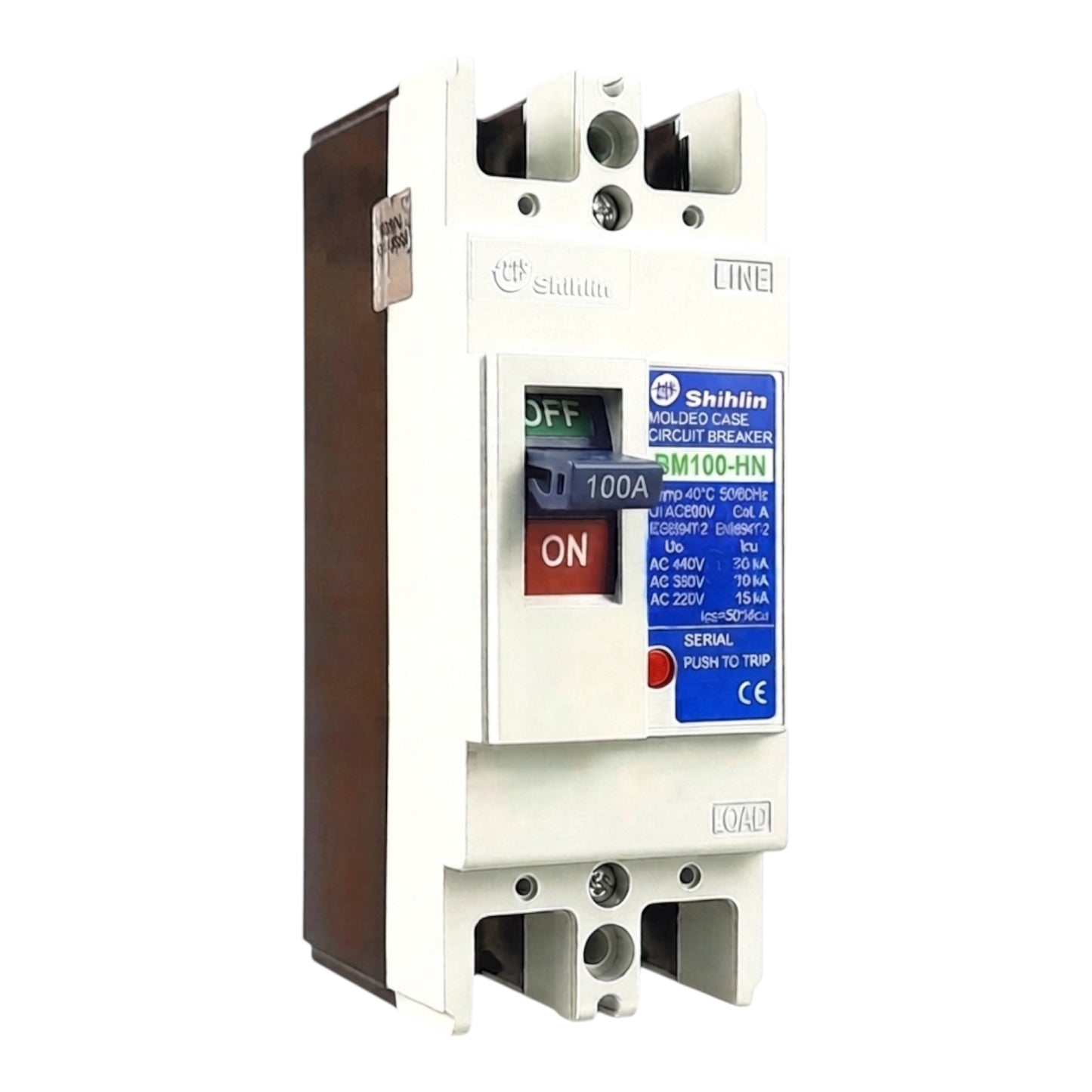 Shihlin BM100-HN 100A solid state circuit breaker with a white plastic housing, brown side cover, blue and red front label, and terminal blocks at the top and bottom.