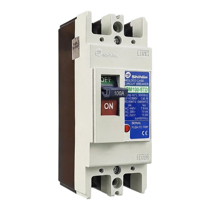 Shihlin BM100-STD 100A molded circuit breaker with a white front, brown side, and blue label, shown on a white background.