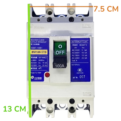 A Sihihlin circuit breaker with dimension annotations showing 7.5 cm width and 13 cm height on a white background.