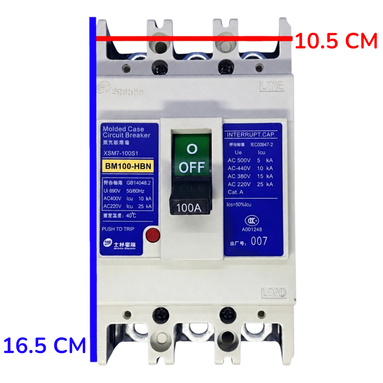 A molded case circuit breaker with blue labels, a black OFF switch, and red/blue dimension overlays showing 10.5 cm width and 16.
