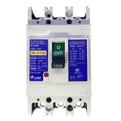 A Shihlin brand 100A molded case circuit breaker with a white plastic housing, blue and yellow label panels, and a central black switch showing the 'OFF' position.