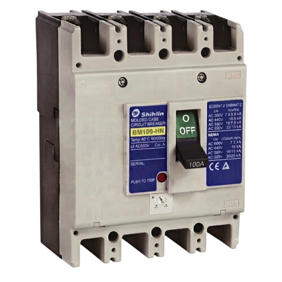 Shihlin BM100-HN molded case circuit breaker, 100A, 400VAC, Col. A, with a gray plastic housing, black terminal covers, and blue and white labeling.