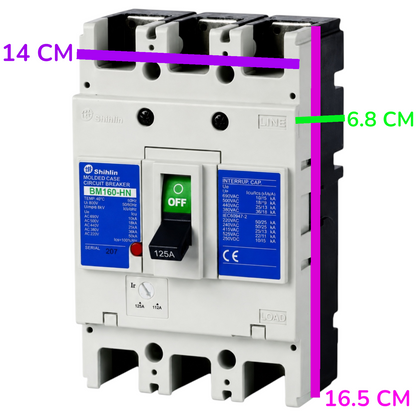 A Shihlin circuit breaker with dimension annotations showing 14 cm across the top, 6.8 cm on the right side, and 16.