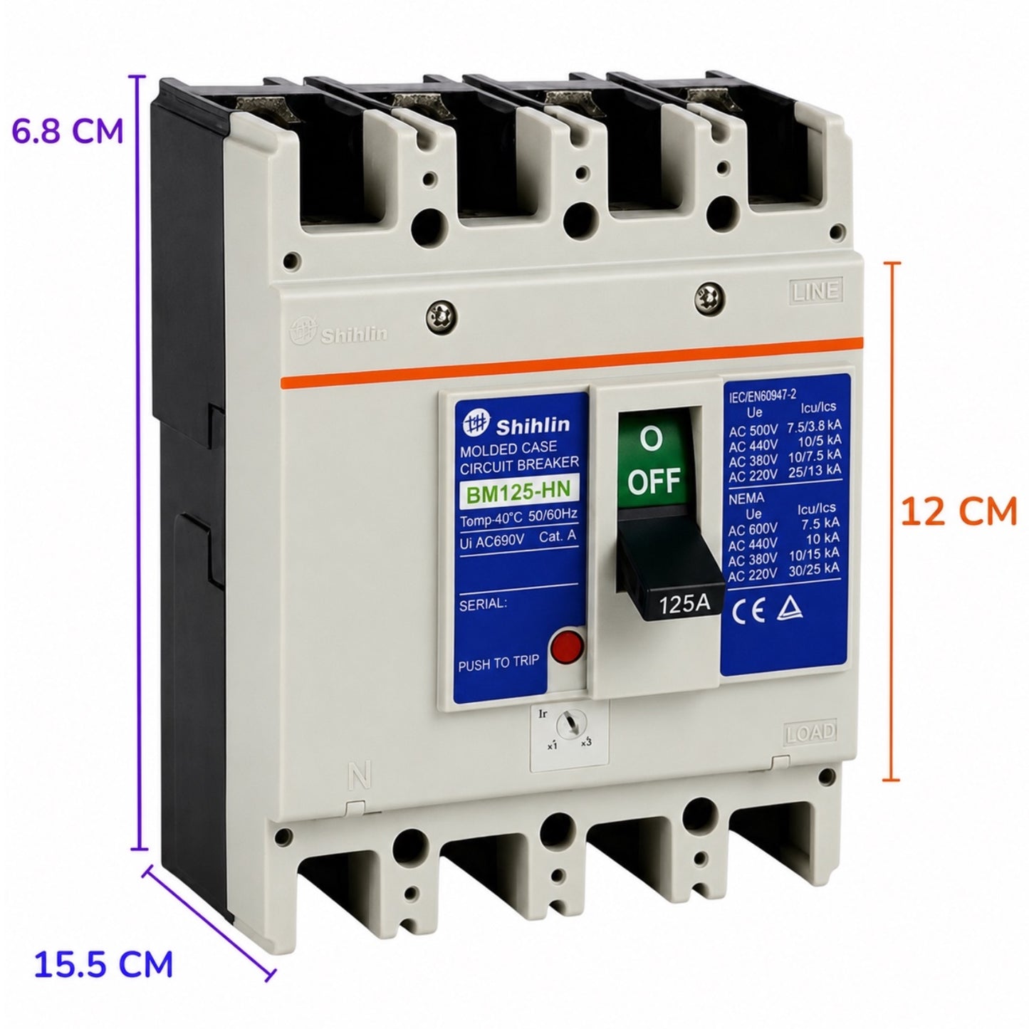 Shihlin BM125-HN AC circuit breaker with a light gray plastic housing, black side panel, blue label panels, and a green OFF switch.