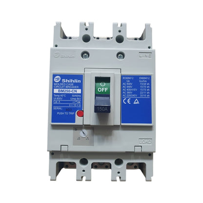 Shihlin BM250-CN 16A AC/DC 24V/48V circuit breaker with blue and gray labels, featuring a central switch with green and gray OFF positions, on a white background.