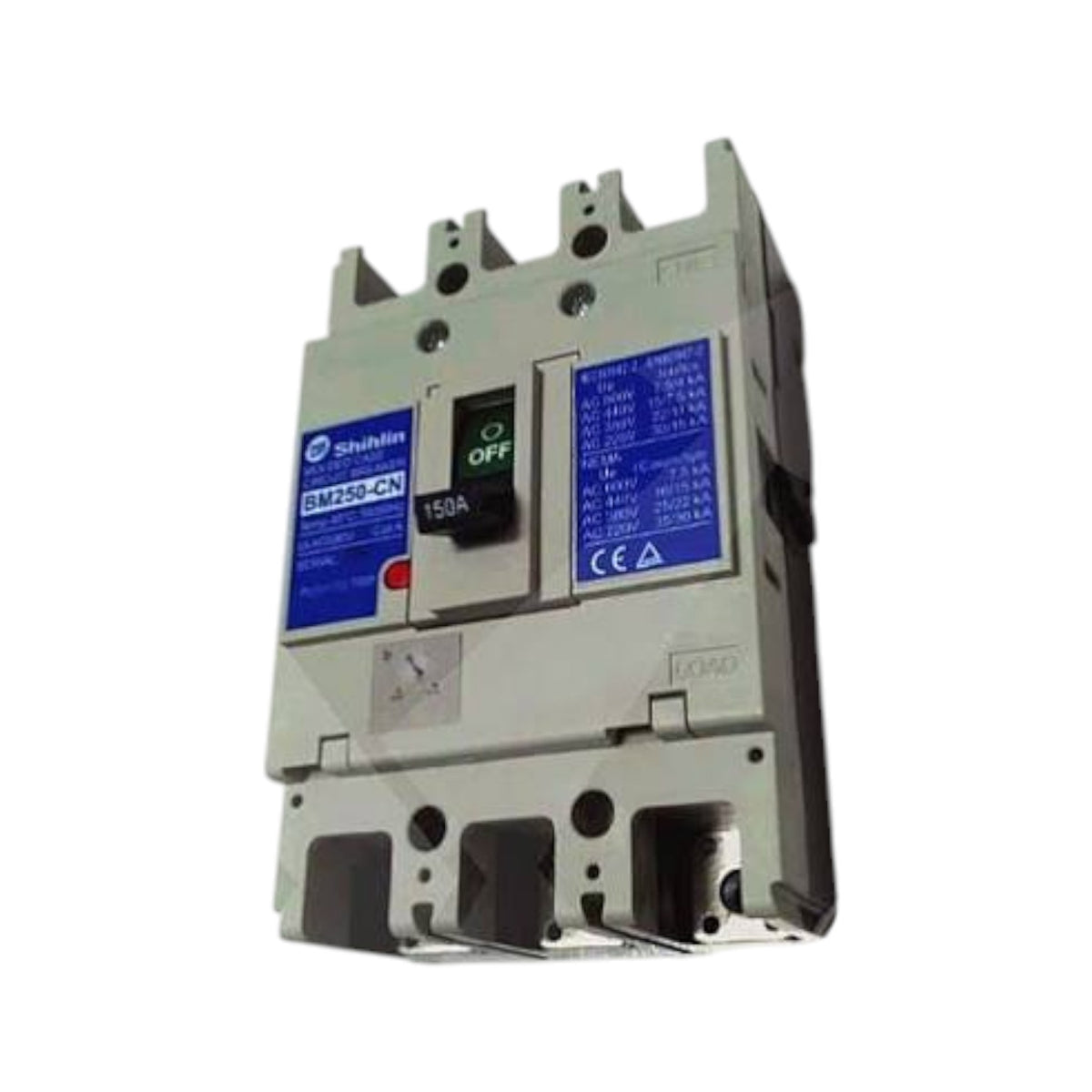 Shinlin GM250-CN 150A molded circuit breaker with blue labels and a black switch handle, shown on a plain white background.