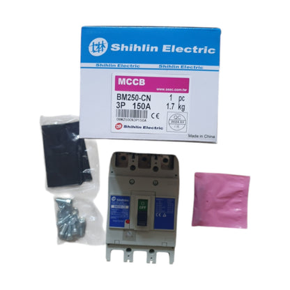 Shihlin Electric MCCB 3P 150A product kit showing the main molded circuit breaker, its blue and white retail box, a black terminal block with screws, and a pink pouch, all on a white background.