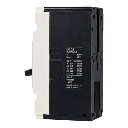 A Schneider Electric MCCB circuit breaker, model IE60947-2, featuring a black main housing with technical specifications printed on the front, a white plastic side cover, and a black handle lever protruding from the left side, set against a plain white background.