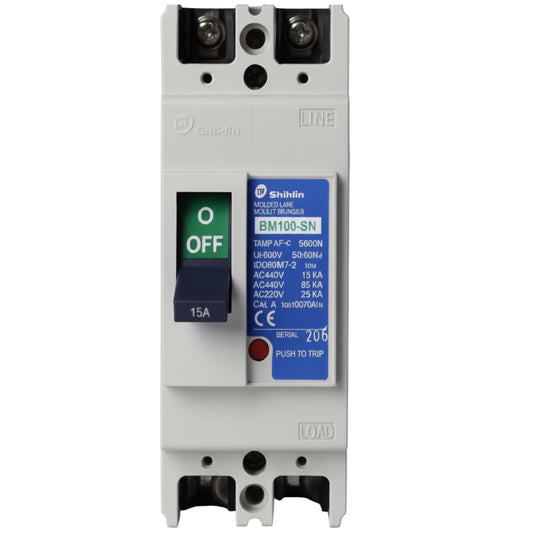 Shihlin BM100-SN 15A molded circuit breaker with a blue and green switch, photographed on a white background.