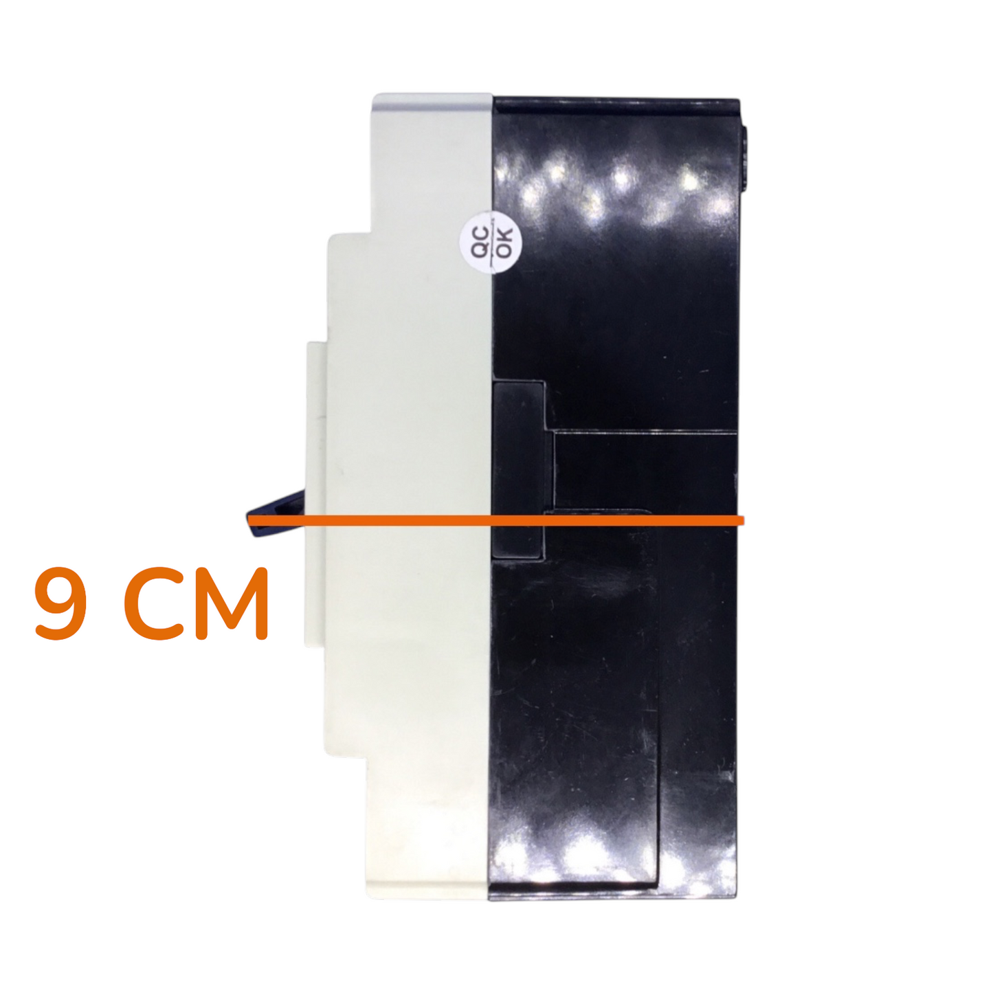 A replacement battery for a device, shown from the side with a dimension overlay indicating a width of 9 cm. The battery has a glossy black top surface, a white side panel, and a small circular 'QC OK' sticker.