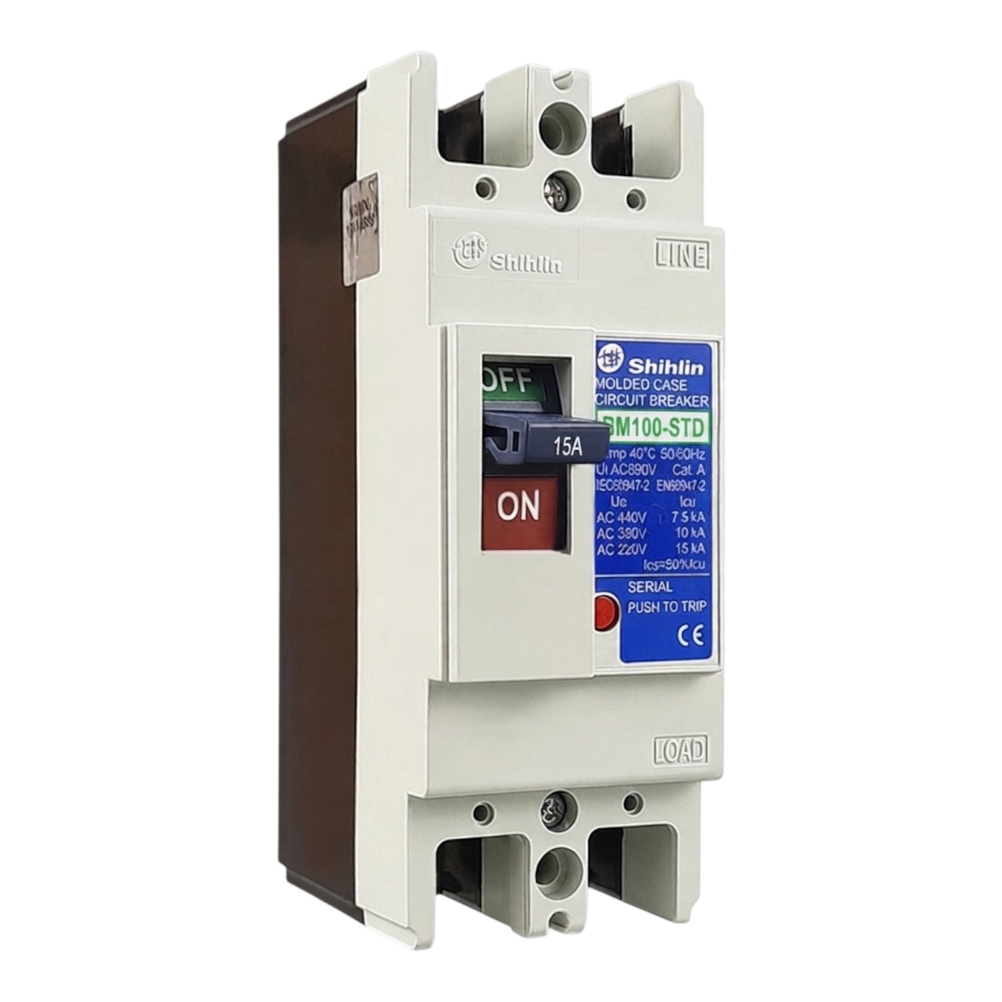 Shihlin BM100-STD AC 230V 15A Molded Circuit Breaker with a white plastic housing, dark brown side panel, blue and green front label, and red ON switch.