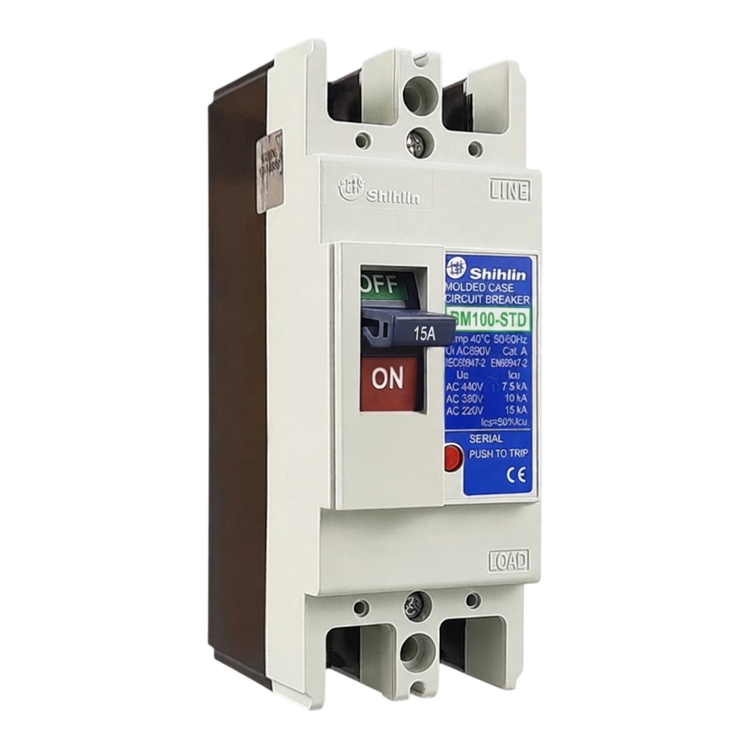 Shihlin BM100-STD AC 230V 15A Molded Circuit Breaker with a white plastic housing, dark brown side panel, blue and green front label, and red ON switch.