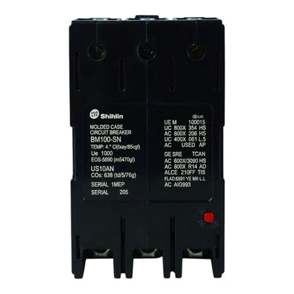 Shihlin BM100-HN molded case circuit breaker, black plastic with white technical specifications printed on the front, featuring a small red reset button.