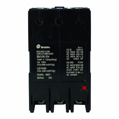 Shihlin BM100-SN molded case circuit breaker, black plastic with white printed technical specifications and a small red indicator light, shown on a plain white background.