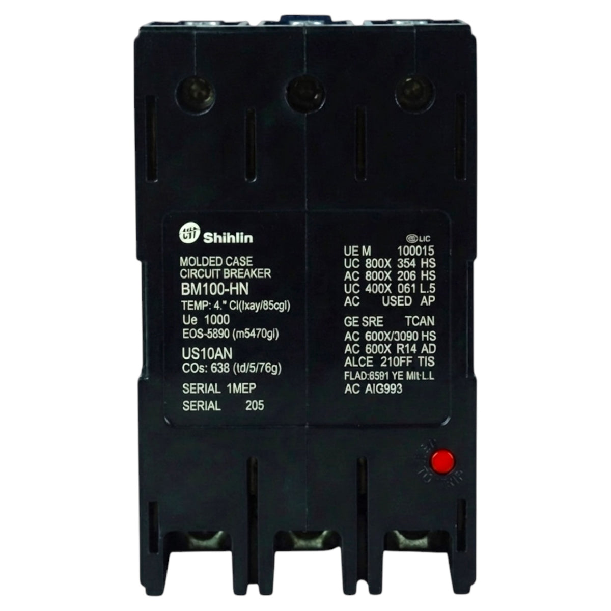 A Shihlin molded case circuit breaker, model BM100-HN, in a dark gray/black plastic housing with white printed technical specifications and a small red reset button.