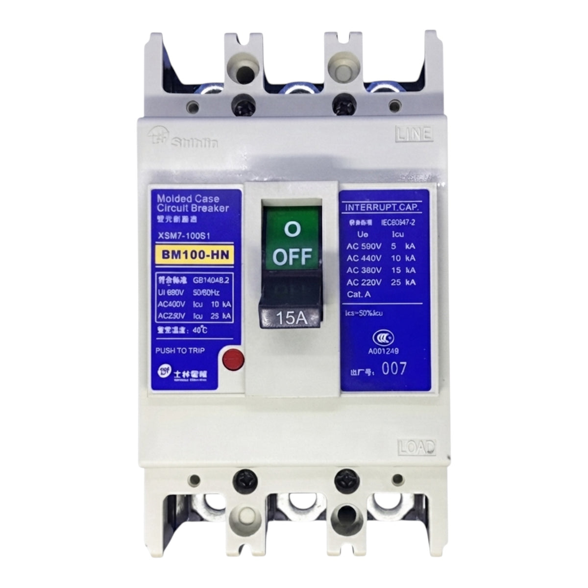 A molded case circuit breaker with a white plastic body, blue and yellow labels, a green and black switch, and terminal connectors at the top and bottom, shown on a plain white background.