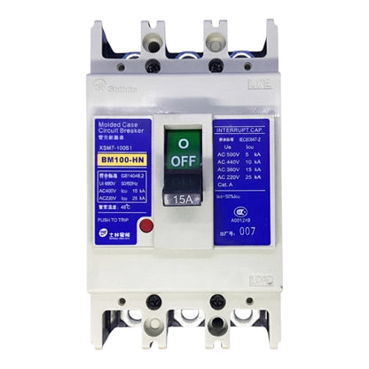 A molded case circuit breaker with a white plastic body, blue and yellow labels, a green and black switch, and terminal connectors at the top and bottom, shown on a plain white background.