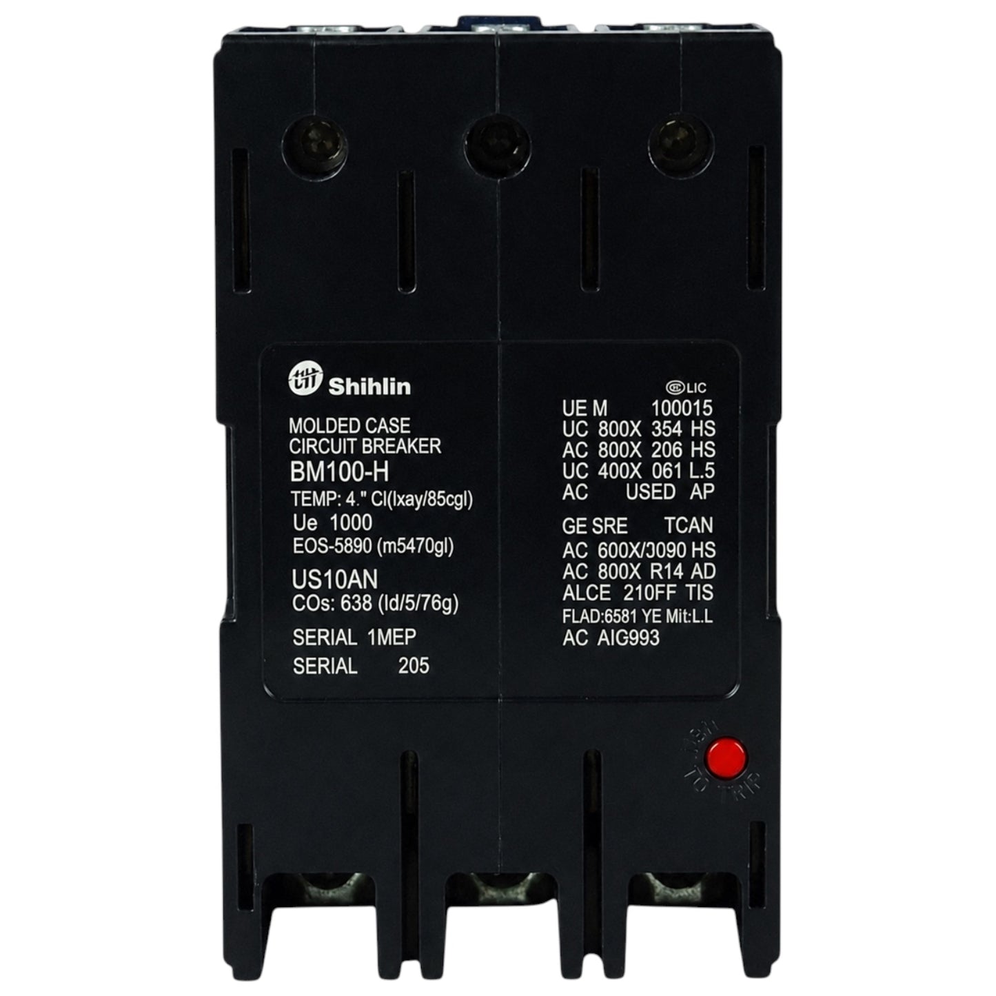 A Shihlin BM100-H molded case circuit breaker, black plastic with white printed technical specifications and a small red terminal screw on the front, isolated on a white background.