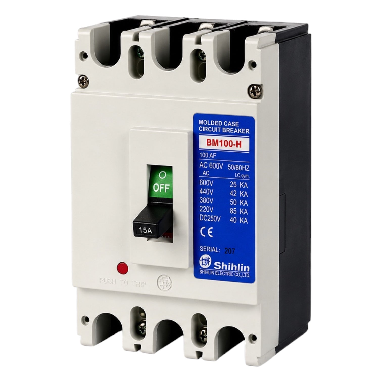 Shihlin BM100-H molded case circuit breaker with a white plastic front, black side housing, and a blue technical specification label.