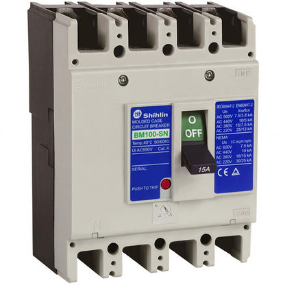 Shihlin BM100-SN molded case circuit breaker, 3P, 15A, 690V AC, shown in a clean studio shot against a white background.