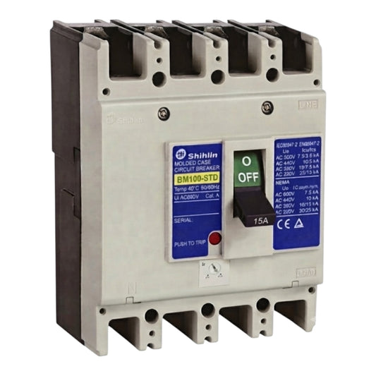 Shihlin BM100-STD molded circuit breaker with a gray plastic housing, black terminal blocks, blue labels, and a green/off switch.