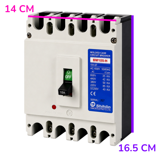 A molded case circuit breaker interrupt capacitor module, model BM100-SN, featuring a white plastic housing with blue and yellow technical labels, a green and black central switch, and terminal connectors at the top and bottom.