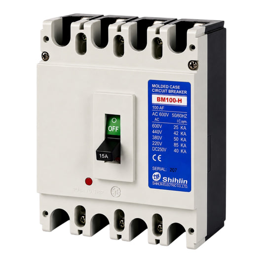 Shihlin BM100-H molded case circuit breaker with a white front, black side housing, and a blue technical specification label.
