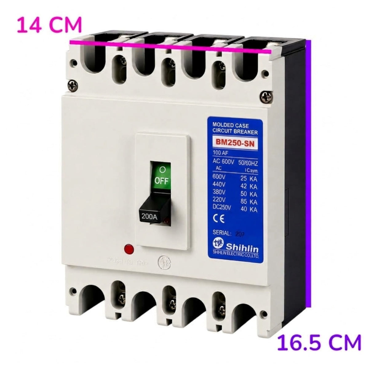A Shihlin BN250-SN molded case circuit breaker shown on a plain white background with purple dimension lines and text indicating 14 cm width and 16.5 cm height.