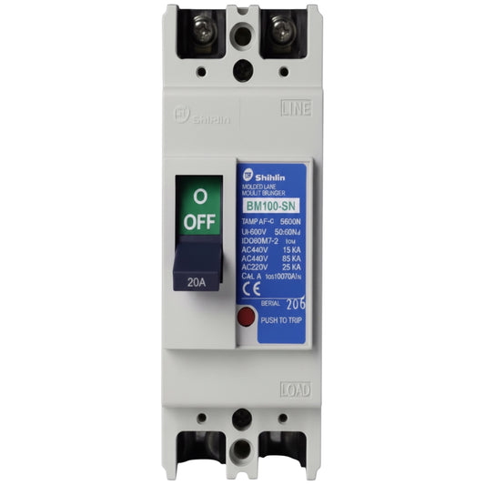 Shibin BM100-SN 20A circuit breaker with a blue and white front label, featuring a green and black O/F/F switch, on a white background.