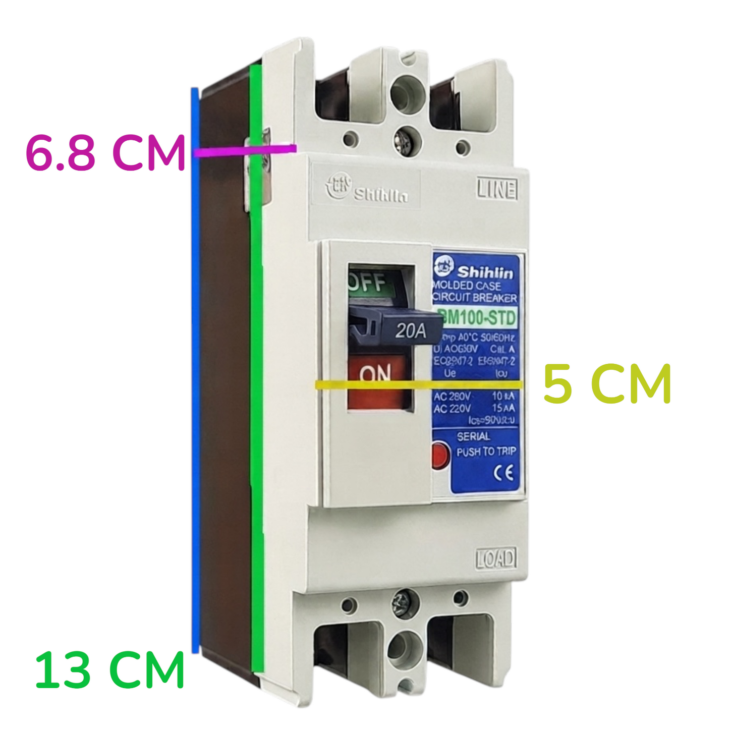 Shihlin BM100-STD molded case circuit breaker with dimension annotations showing 13 cm depth, 6.8 cm side depth, and 5 cm front panel width on a white background.