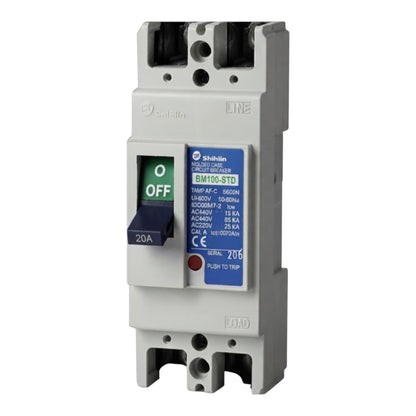An electrical circuit breaker from the brand Shihlin, model BM100-STD, featuring a gray plastic housing, a black and blue toggle switch in the OFF position, and a blue technical specification label.