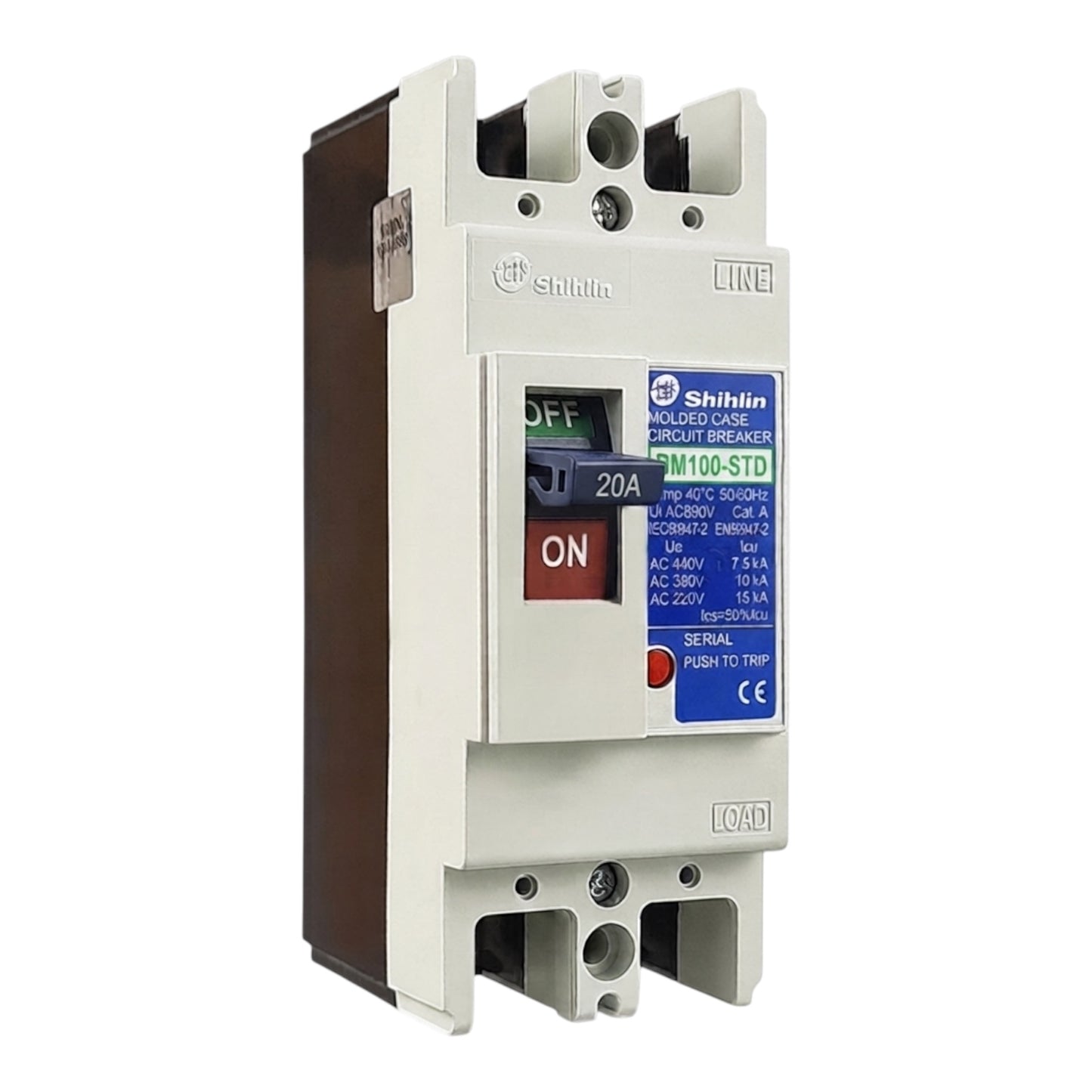 Shihlin BM100-STD 20A molded circuit breaker with a white front, brown side, and blue label, shown on a white background.