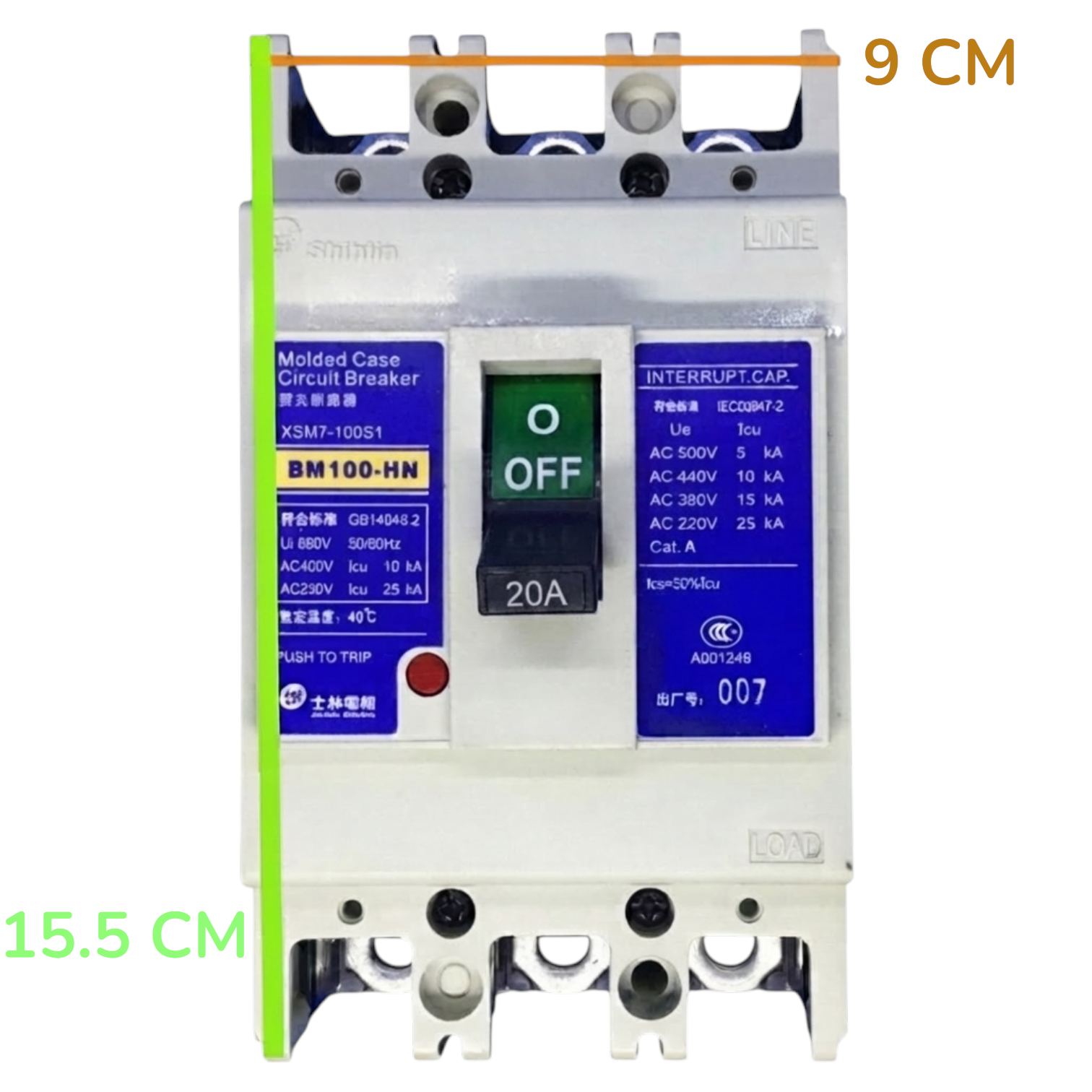 A molded circuit breaker shown front-on against a plain white background, with measurement annotations: a green vertical line labeled 15.5 CM and an orange horizontal line labeled 9 CM.