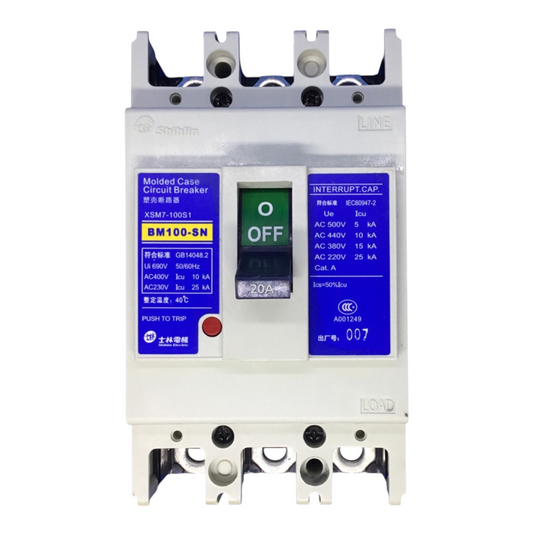 Shihlin 20A 3P Molded Case Circuit Breaker 25 KAIC 220V MCCB BM100SN3P20A