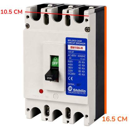 Shihlin BM100-H molded case circuit breaker shown on a white background with red dimension lines indicating 10.5 cm width and 16.
