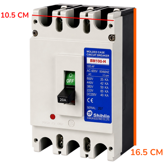 Shihlin BM100-H molded case circuit breaker shown on a white background with red dimension lines indicating 10.5 cm width and 16.