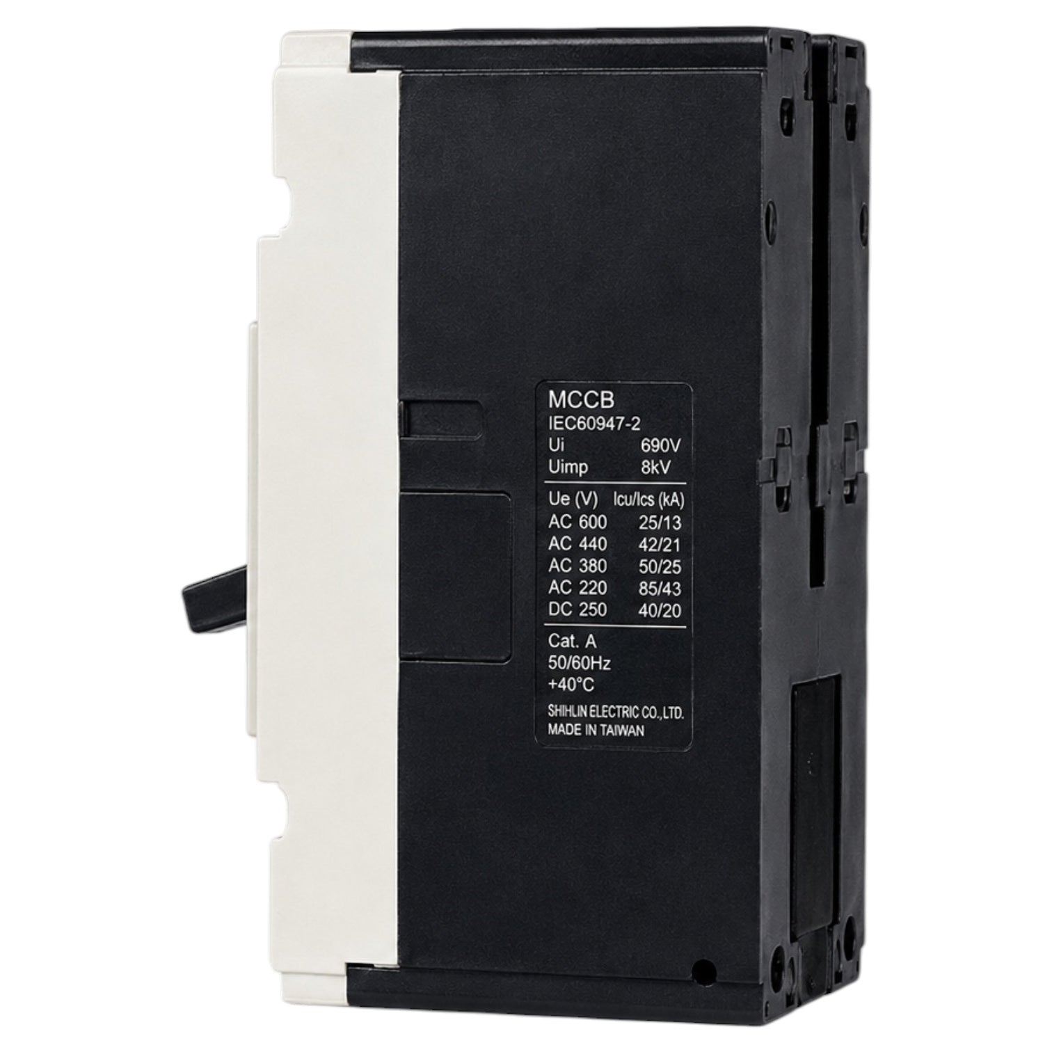 An MCCB electrical contact breaker with a black main body, white side cover, and a black pull handle, shown on a plain white background.