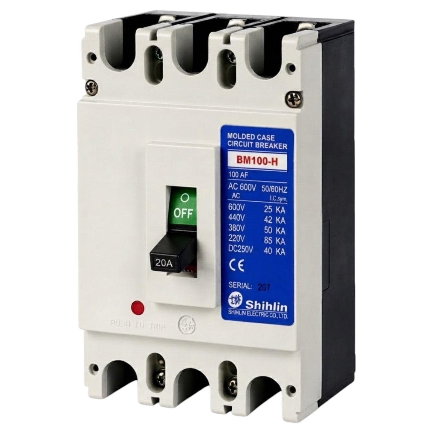 Shihlin BM100-H molded case circuit breaker with a white front, black side and top/bottom components, a blue specification label, and a black switch handle with an green OFF position.