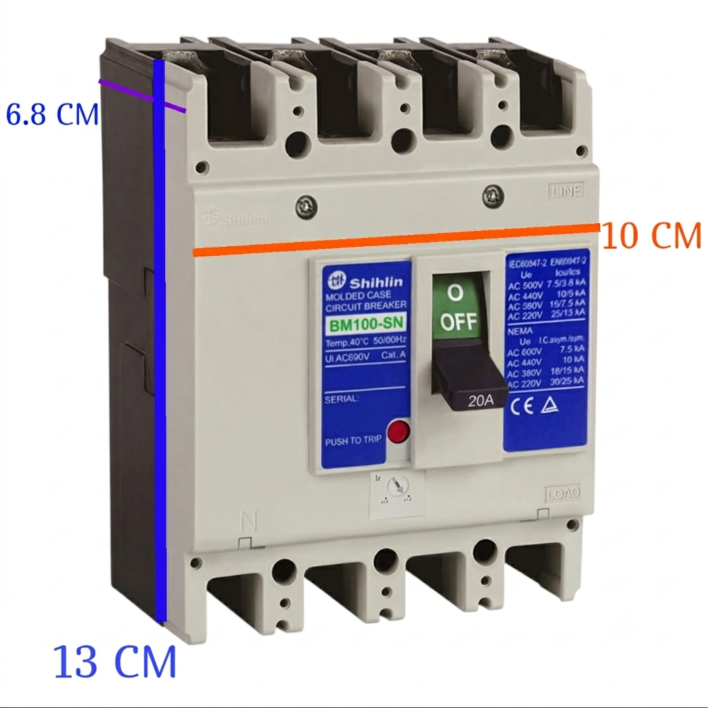 A Shihlin dual contact circuit breaker with dimension annotations showing 6.8 cm, 10 cm, and 13 cm measurements on a white background.