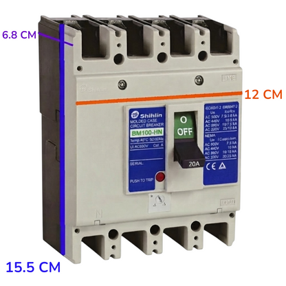 Shihlin BM100-HN modular circuit breaker in a light gray plastic case with blue and green front labels, shown on a white background with dimension annotations in blue and orange text.