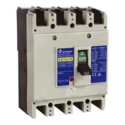 Shihlin BM100-HN molded circuit breaker with a gray plastic housing, black terminal blocks, blue labels, and a green/off switch.