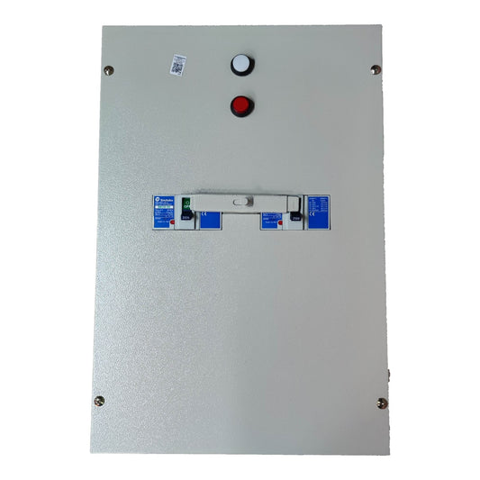 Metal control panel with buttons and labels on a white background