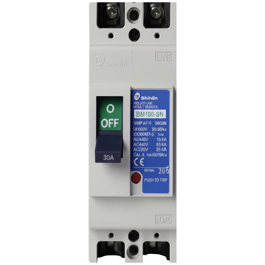 Shinon BN100-SN 30A modular circuit breaker with a blue and white label, featuring a green OFF switch and terminal blocks at the top and bottom.