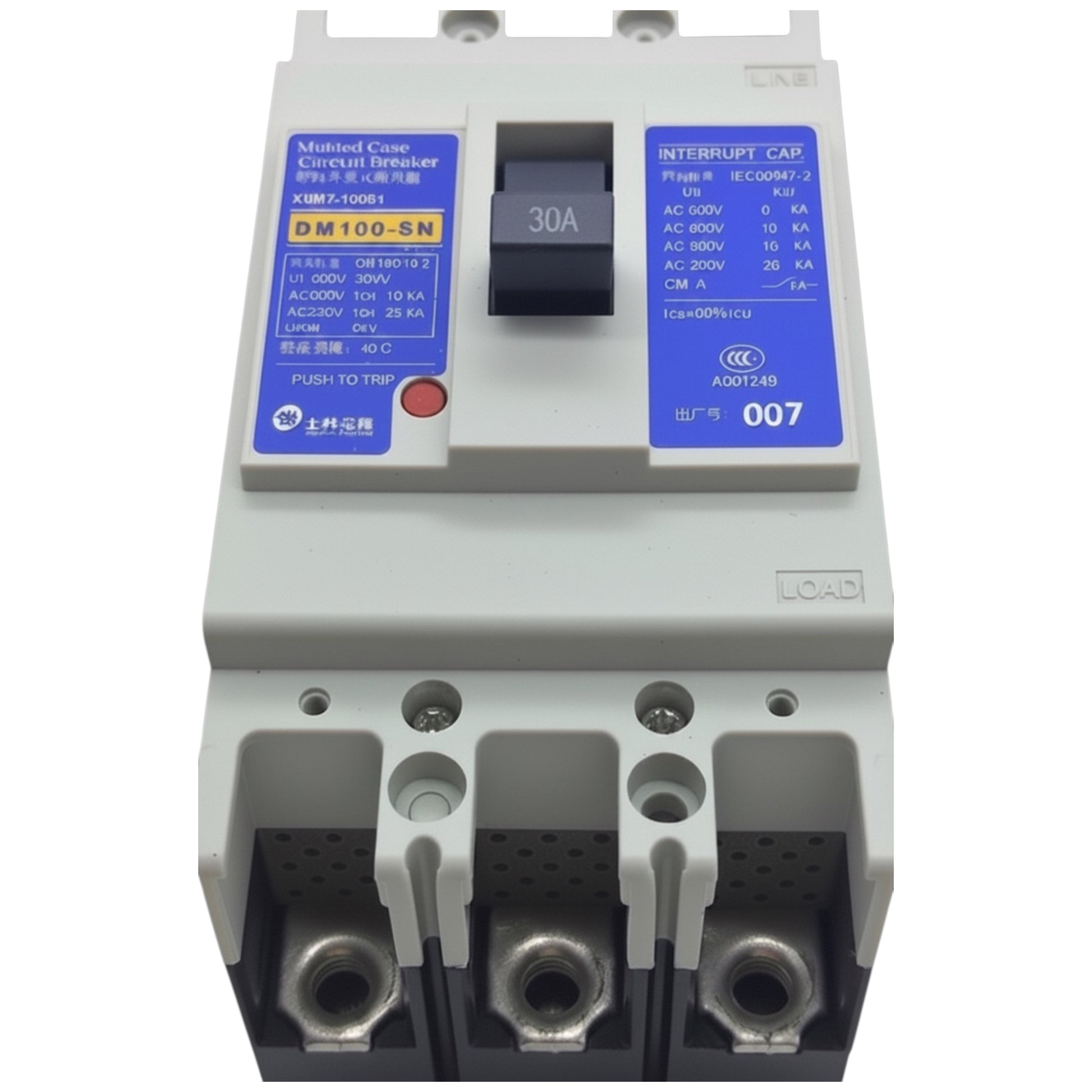 A molded case circuit breaker (MCCB) with a gray plastic housing, featuring blue and yellow technical labels, a black 30A switch, and three terminal connectors at the bottom.
