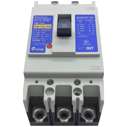 A molded case circuit breaker (MCCB) with a gray plastic housing, featuring blue and yellow technical labels, a black 30A switch, and three terminal connectors at the bottom.