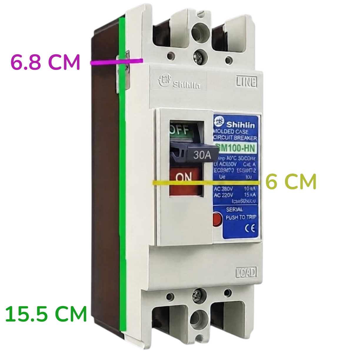 Shihlin BM100-HN AC/DC circuit breaker with dimension annotations showing 15.5 cm width, 6 cm front switch area, and 6.