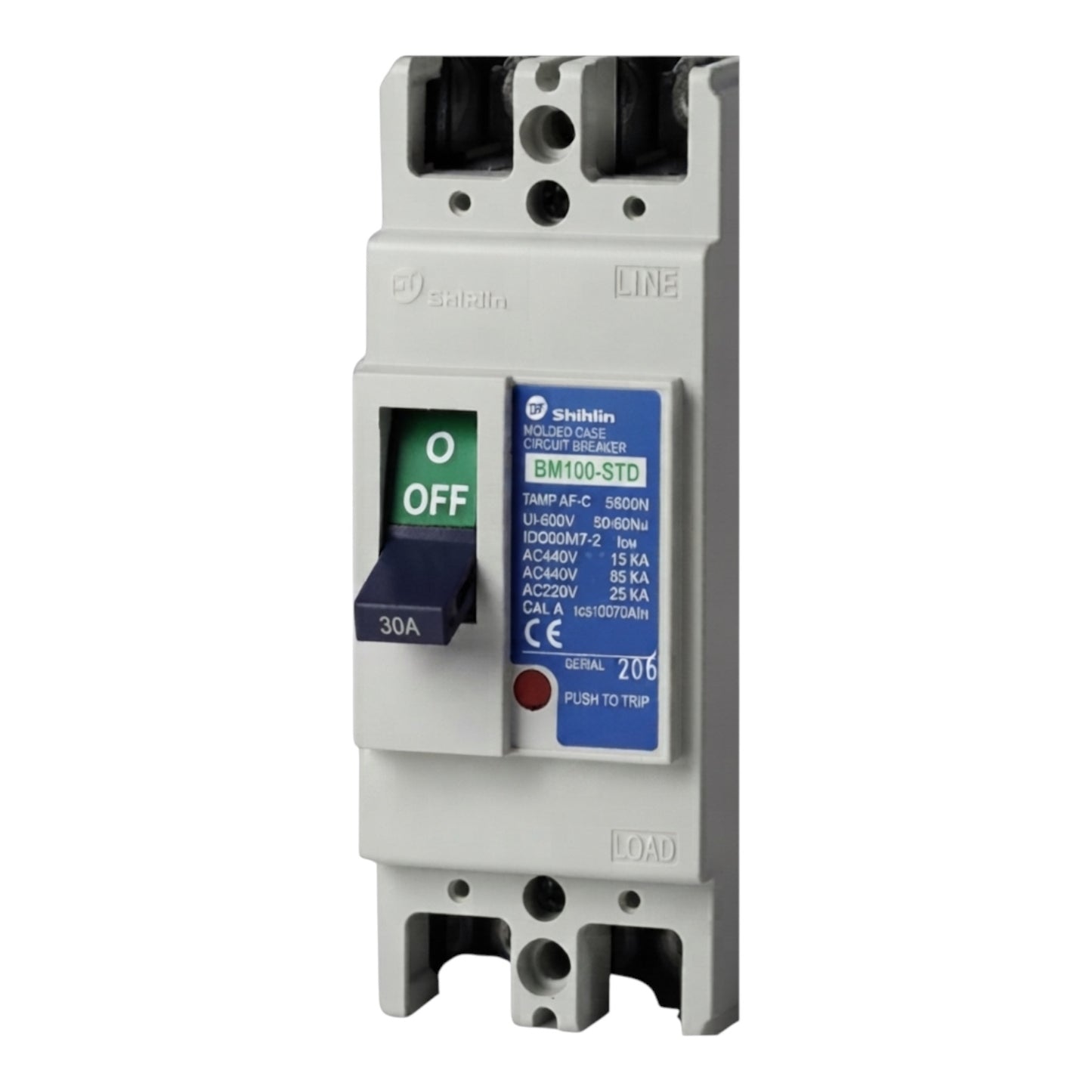 Shibin BM100-STD 30A circuit breaker with a gray plastic housing, blue and white label, and a green illuminated OFF indicator.
