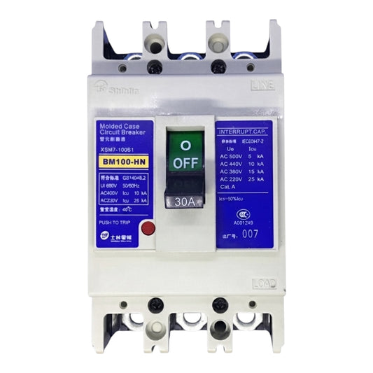 A Shihlin molded case circuit breaker (MCCB) model BM100-HN, featuring a white plastic housing with blue and yellow labels, a green and black switch, and technical specifications printed on the front.