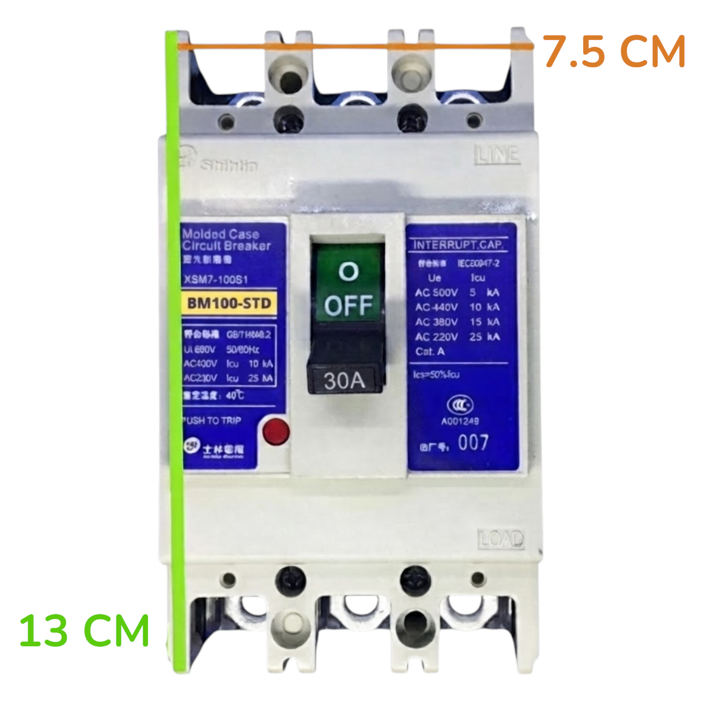 A molded circuit breaker shown on a white background with measurement annotations: a green vertical line labeled 13 CM and an orange horizontal line labeled 7.5 CM.